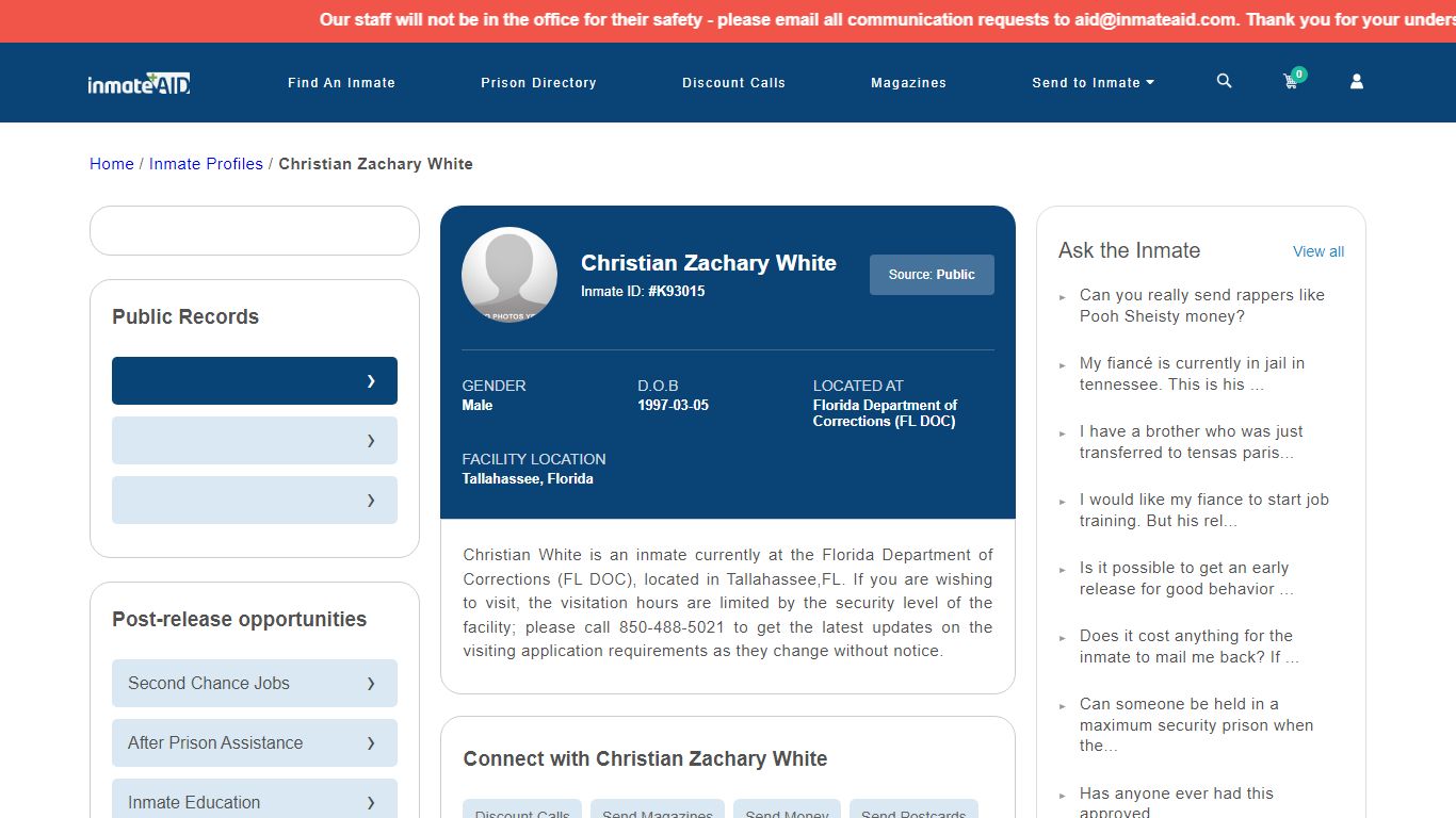 Inmate Search: Christian Zachary White K93015, Tallahassee, Florida